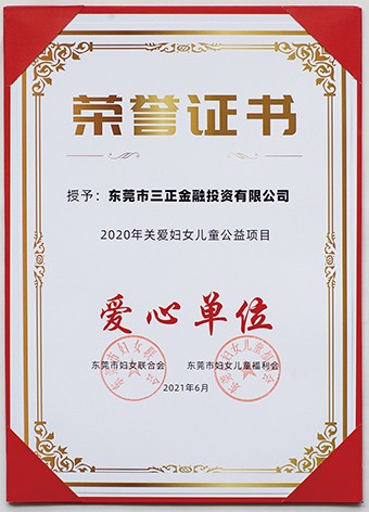 6月3日上午，東莞市婦聯(lián)聯(lián)合市委組織部、市直工委、市婦女兒童福利會(huì)共同啟動(dòng)了2021年東莞市婦女兒童“黨群公益匯”活動(dòng)。啟動(dòng)議式上，三正金融投資公司被授予“愛心單位”榮譽(yù)證書。